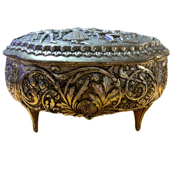 Other - English Pewter Ornate Footed Trinket Box Blind Man's Bluff Scene